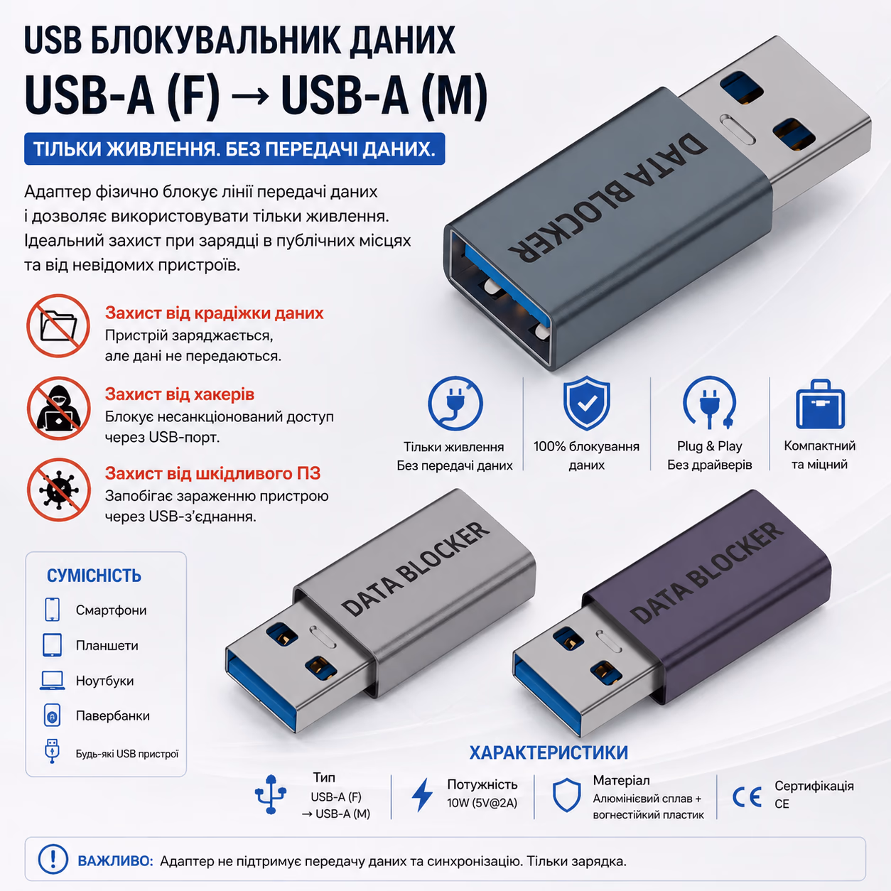 USB Data Blocker (USB-A → USB-A)